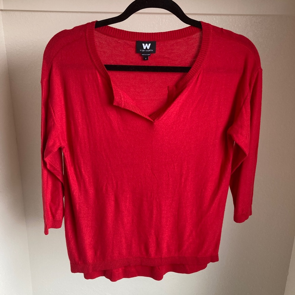 W By Worth Cashmere Light Sweater Bright Red Split Collar 3/4 Sleeve Small